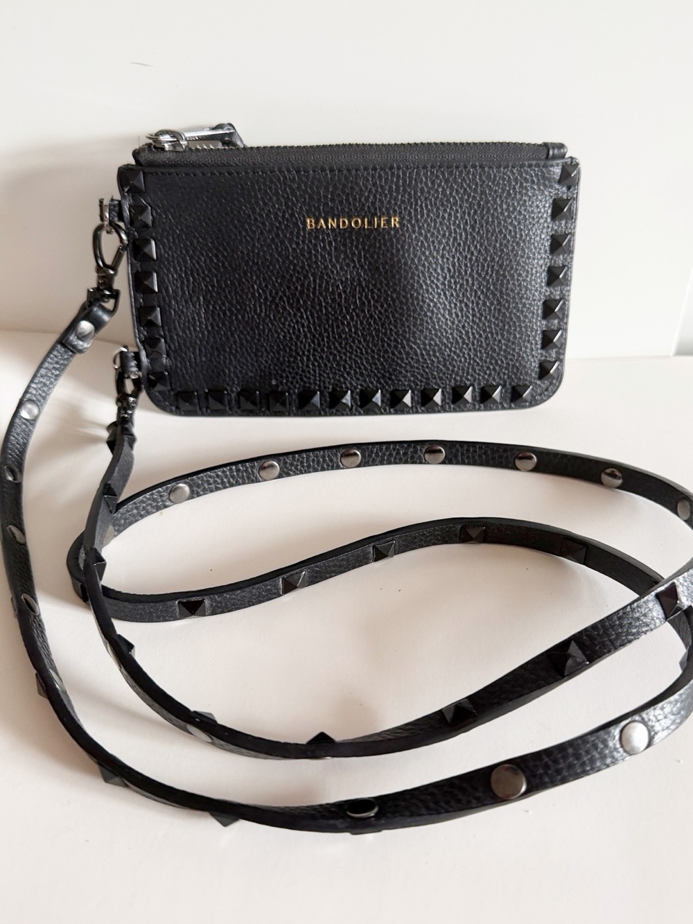 Bandolier Sarah Black Pebbled Leather Studded Crossbody Zip Pouch Wallet - Picture 2 of 7